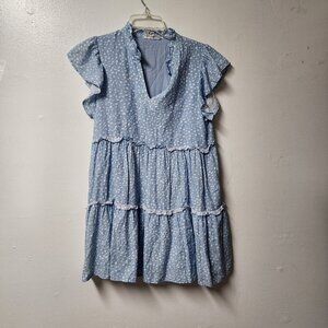 THML blue white print tiered sleeveless linen blend dress xs summer vacation